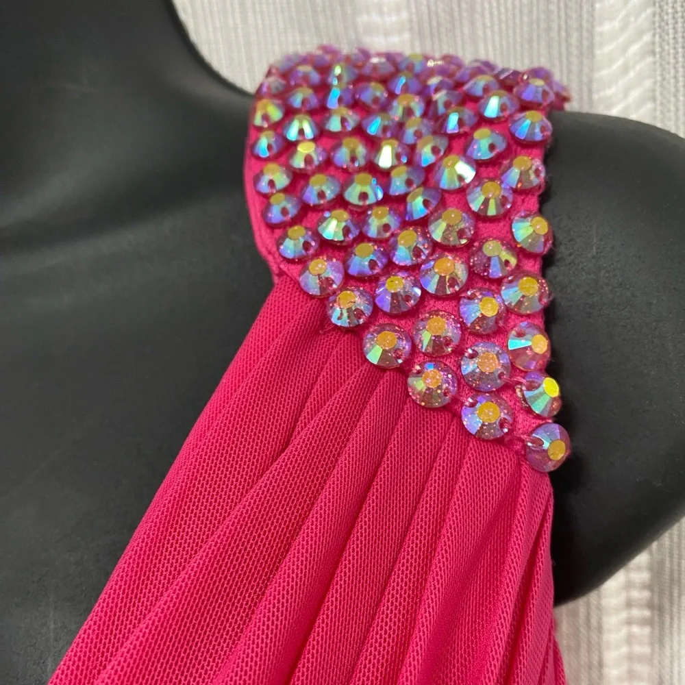 Hot Pink & Iridescent Beads Sleeveless Rouched Bodycon Homecoming Prom Dress S/M